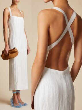 Khaite Fabia White Textured Wavy Plisse Sleeveless Open Back Midi Dress Size 10